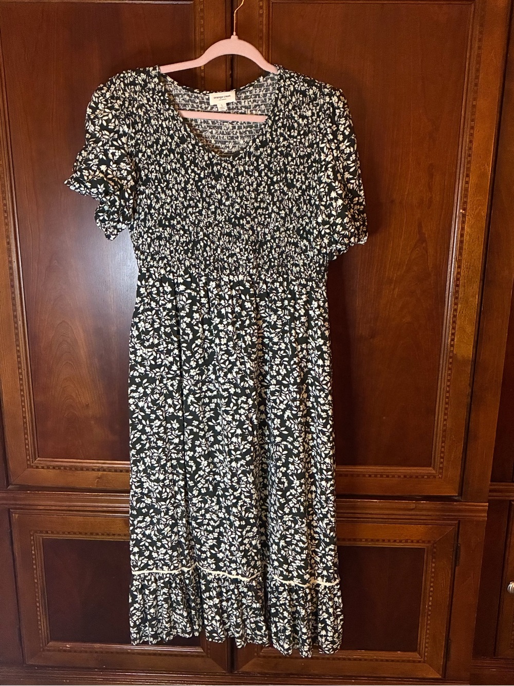 Orange Creek Large Black White Floral Smocked Midi Dress Puff Sleeve Pockets